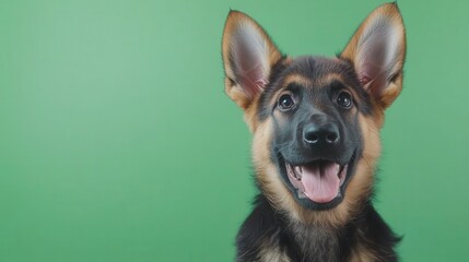 Realistic 1monthold German Shepherd puppy looking alert, strong and intelligent, filmed with high clarity against a green backdrop