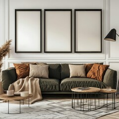 Fototapeta premium Modern living room interior with olive green sofa, three frames, and neutral decor.