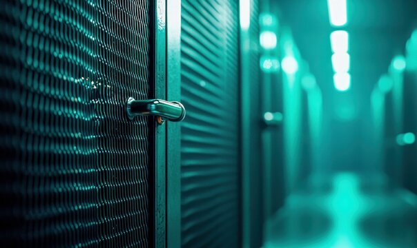 Cyan lights illuminate a secure server room, showcasing rows of data center hardware.
