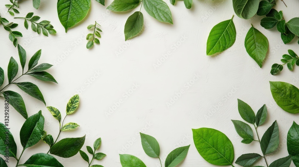 Poster a vibrant frame created using an array of verdant leaves. various shapes and shades of green leaves 