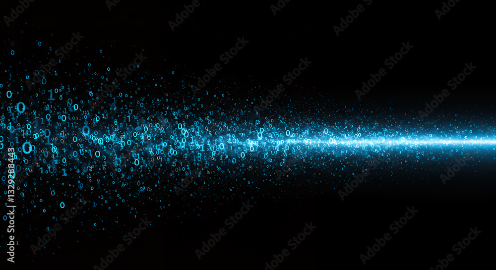 Poster binary stream: digital data flow, light trail, tech background, coding, cybersecurity, ai, data scie