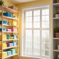 Brightly colored towels neatly arranged on shelves in a sunlit space, providing an organized and cheerful atmosphere, ideal for home decor and bathroom organization inspiration.