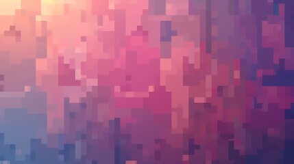 Abstract pixel art background in pink, orange, yellow, and blue.