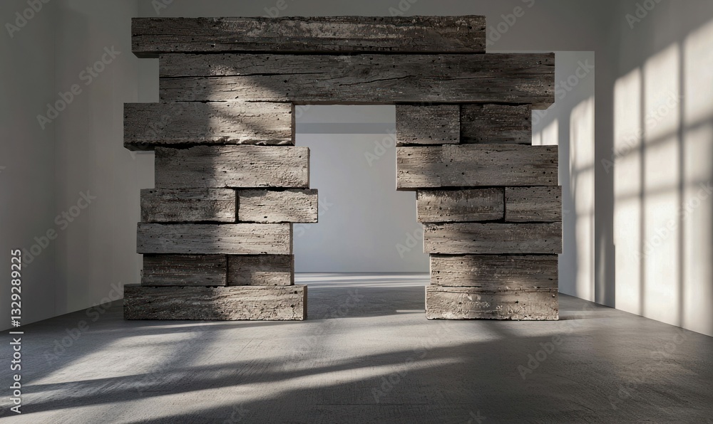 Aufkleber stone block portal in minimalist interior with sunlight and shadows creating architectural depth.