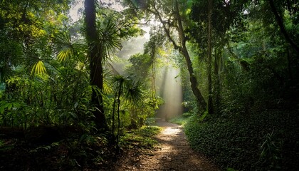 Obraz premium Lush jungle canopy shadows, with dappled light patterns created by tree leaves, casting a serene and natural ambiance on the forest floor. 