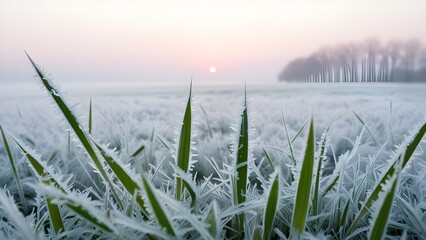 Fototapeta premium The arrival of frost at morning creates a calm change that highlights the beauty and sharp contrast of the cold, hard frost on grass blades.
