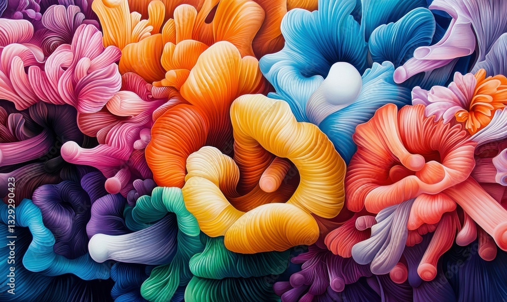 Poster an abstract design showcasing colorful corals with a surreal and organic texture that is captivating