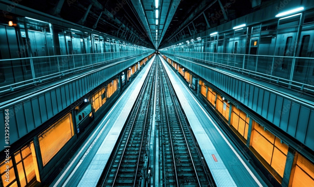 Poster parallel subway tracks converge to a vanishing point, creating a sense of depth and urban transit.