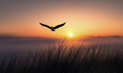 A seagull soars gracefully over a grassy field at sunset, creating a peaceful landscape.