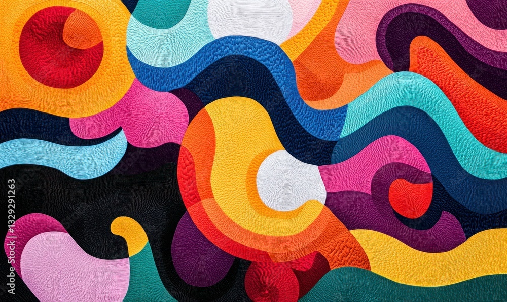 Poster a vibrant abstract pattern showcases a playful dance of colorful shapes and textures, creating a vis