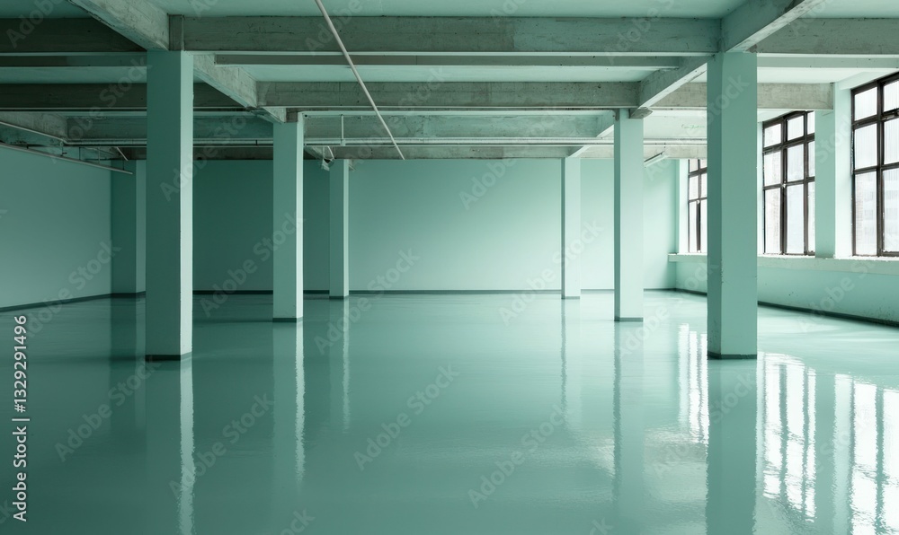 Poster an expansive empty industrial space with reflective floors and concrete columns, illuminated by natu