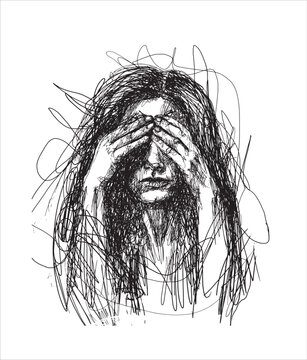 Sketch of female portrait. Vector illustration of face. Woman drawn with ink. Doodle. Line art. Close eyes. Woman crying. Lonely person. Being depressed. Hiding from problems. Feeling afraid