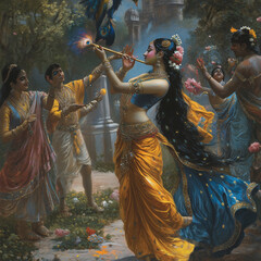 Naklejka premium Celebrate the vibrant spirit of Holi with stunning AI-generated images featuring colorful festivities, traditional sweets, joyful human expressions, playful animals, and mesmerizing color explosions.