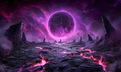Fototapeta premium A surreal purple planet floats above a cracked, rocky landscape in a fantasy scene.