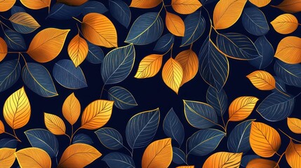 Seamless autumn pattern with gold and blue leaves on dark background.
