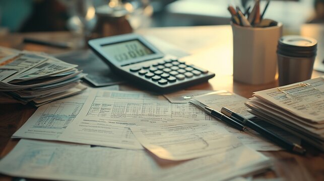 Tax and financial documents alongside a calculator on a desk