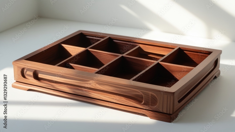Poster rectangular wooden tray with multiple dividers on white surface featuring traditional craftsmanship 