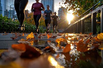 Elevate Your Fitness Experience the Thrill of a Team-based HIIT workout session on a modern rooftop, urban skyline in morning haze This dynamic scene showcases fitness, wellness, and urban energy