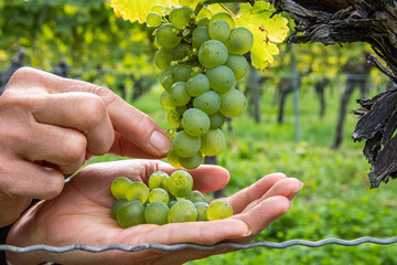 Closeup of a hands of a woman gently picking fresh green grapes, harvesting ripe berries from a...