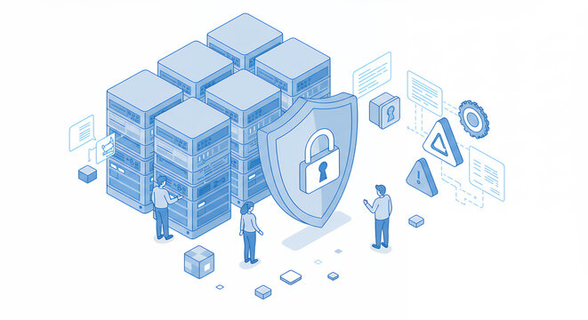 Data Security: Secure Servers & Cloud Protection - Isometric Illustration. Cybersecurity, Network Safety, IT Infrastructure Management