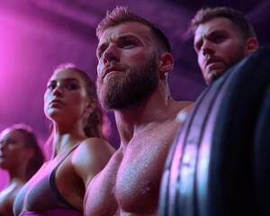 Obraz premium Experience the raw power and unwavering teamwork as this CrossFit team flipping tires together Witness the intensity of their early morning exercise session, pushing limits and forging bonds Capture
