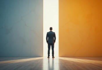 Obraz premium Back view of businessman standing in abstract key opening in wall with bright light and mock up place. Solution and decision concept