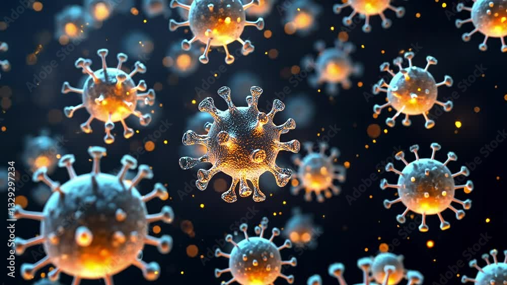 Poster visualization of viruses showing intricate structures and glowing details in a dark environment with