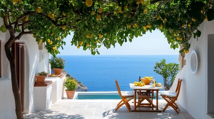 Charming seaside terrace with lush lemon tree and ocean view, inviting relaxation and outdoor dining in a Mediterranean setting.