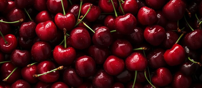 Vibrant red cherries with water droplets, showcasing freshness and juiciness. Ideal for themes of healthy eating and natural produce.