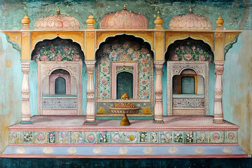 Traditional Indian Mughal pichwai art featuring architecture and an altar design --ar 3:2 - Image #3 @Celeste