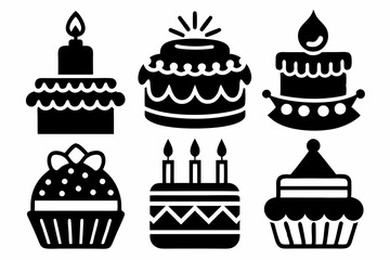 birthday cake icon set line art silhouette vector illustration