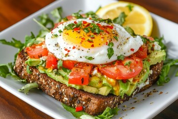 An open-faced sandwich with rye bread, avocado, poached egg, and chili flakes, served with a lemon wedge