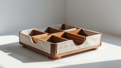Wooden Fabric Tray with Multiple Compartments in Soft Natural Light on White Background for Organization and Decorative Purposes