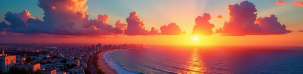 Fototapeta premium Golden sun dips below Tel Aviv horizon, painting sky vibrant hues , cityscape, pink