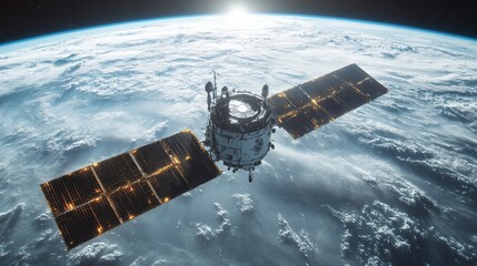 Fototapeta premium A satellite orbits the Earth, equipped with solar panels, gathering and transmitting telemetry data to analyze cosmic radiation and atmospheric conditions, contributing to astrophysics research.