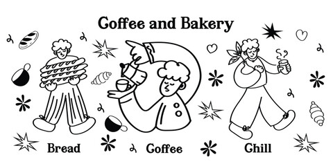 Charming doodle-style coffee shop and bakery icons! This vector set features hand-drawn outline illustrations of café essentials, from coffee cups and pastries to brewing equipment and supplies. Perfe