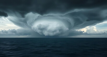 A dramatic view of a hurricane approaching the coast, with swirling dark clouds and a calm ocean in the foreground