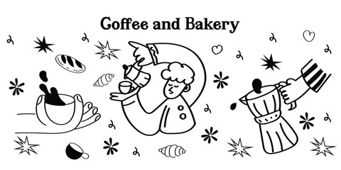 Charming doodle-style coffee shop and bakery icons! This vector set features hand-drawn outline illustrations of café essentials, from coffee cups and pastries to brewing equipment and supplies. Perfe