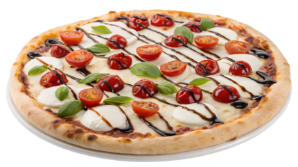 Delicious caprese pizza topped with cherry tomatoes, creamy mozzarella, and balsamic glaze ready to enjoy PNG transparent, stickers,  food
