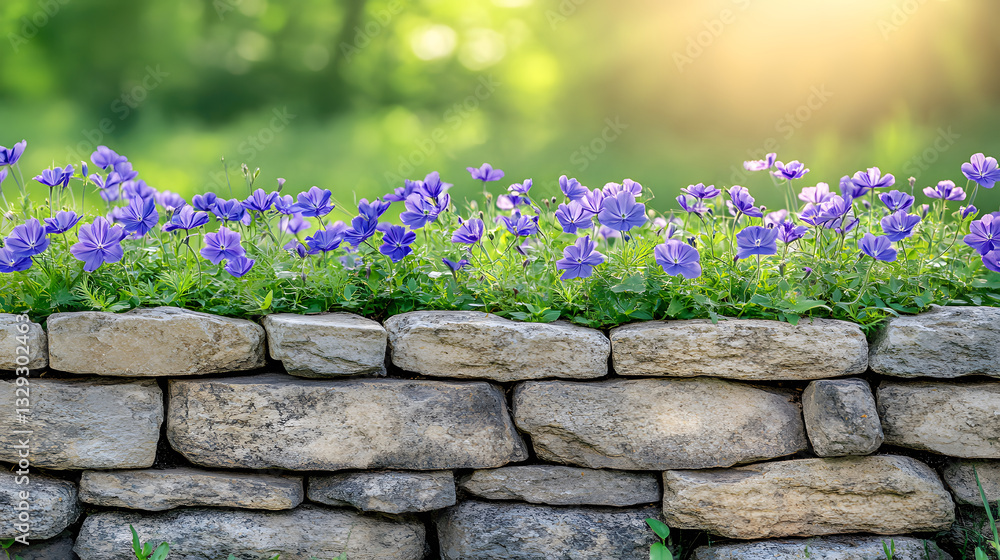 Poster a vibrant display of purple flowers atop a rustic stone wall, basking in soft sunlight with a blurre