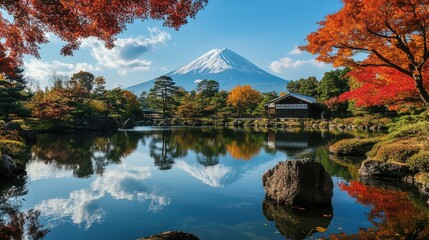 Autumn park with trees reflecting in a calm lake surrounded by mountains and forest ,Autumn in Japanese garden fuji moutain 