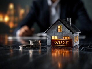 Miniature house with overdue sign surrounded by coins and businessman in background, representing financial troubles and debt obligations
