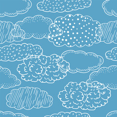 Fototapeta premium White doodle clouds on blue background hand drawn vector seamless pattern repeating backdrop