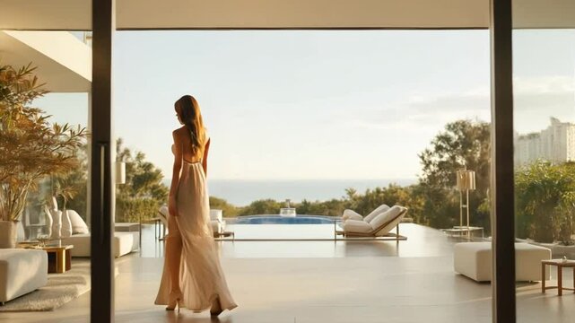 Luxury Living: A woman in elegant dress strolls gracefully through the expansive, open design of a high-end, modern home, offering a stunning view of a serene pool and the endless ocean horizon. 