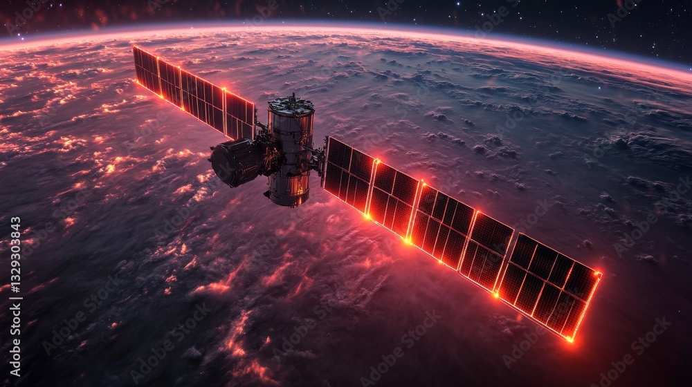 Poster a satellite equipped with solar panels transmits vital telemetry data from low earth orbit, observin
