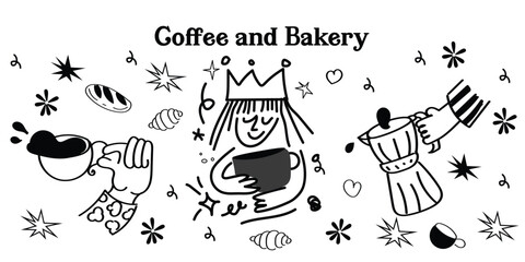 Charming doodle-style coffee shop and bakery icons! This vector set features hand-drawn outline illustrations of café essentials, from coffee cups and pastries to brewing equipment and supplies.