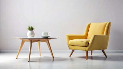 Obraz premium Modern furniture set: minimalist white backdrop studio shot showcasing coffee table and chair.
