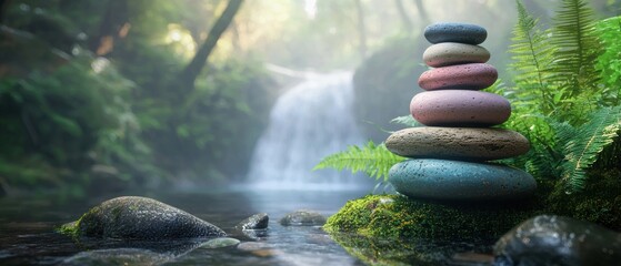 Vibrant stone stack beside tranquil forest pool with misty waterfall