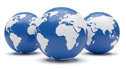 Fototapeta premium Three Blue Globes World Map on White Background