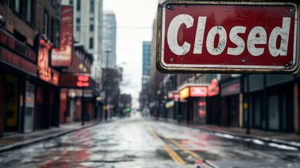 Obraz premium An empty street lined with numerous closed signs on shop doors highlights the stark economic collapse in an urban area, signaling the end of a once-thriving community.